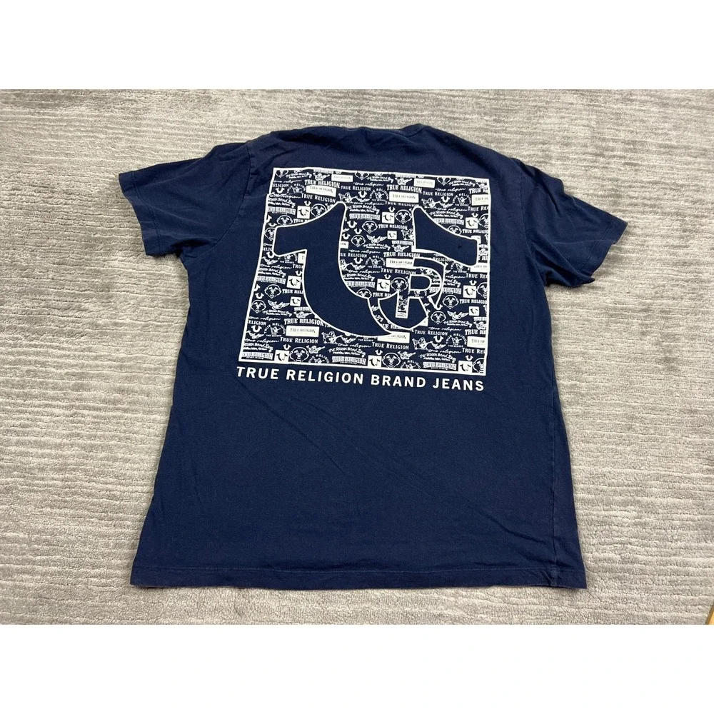 True Religion T-Shirt Mens Medium Navy Blue Graphic Logo Short Sleeve 108325
